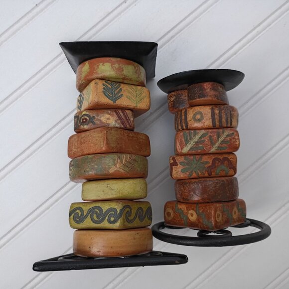 Southwestern Candlesticks Stacked Pottery Pieces Wrought Iron Candle Holder Pair - Picture 11 of 12